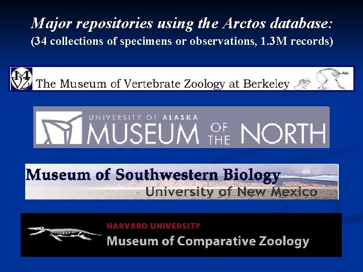 Major repositories using the Arctos database: (34 collections of specimens or observations, 1. 3