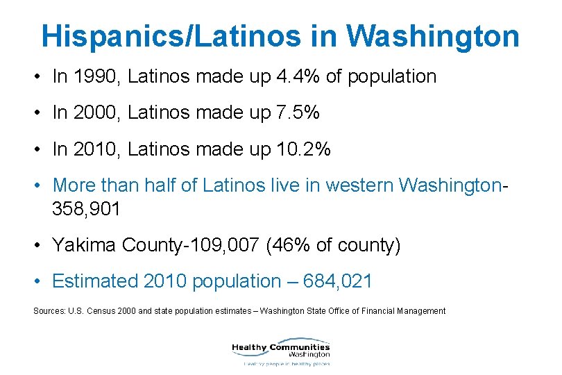 Hispanics/Latinos in Washington • In 1990, Latinos made up 4. 4% of population •