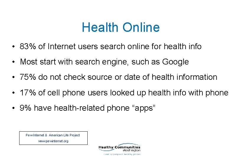 Health Online • 83% of Internet users search online for health info • Most