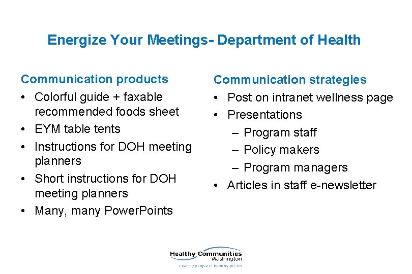 Energize Your Meetings- Department of Health Communication products • Colorful guide + faxable recommended