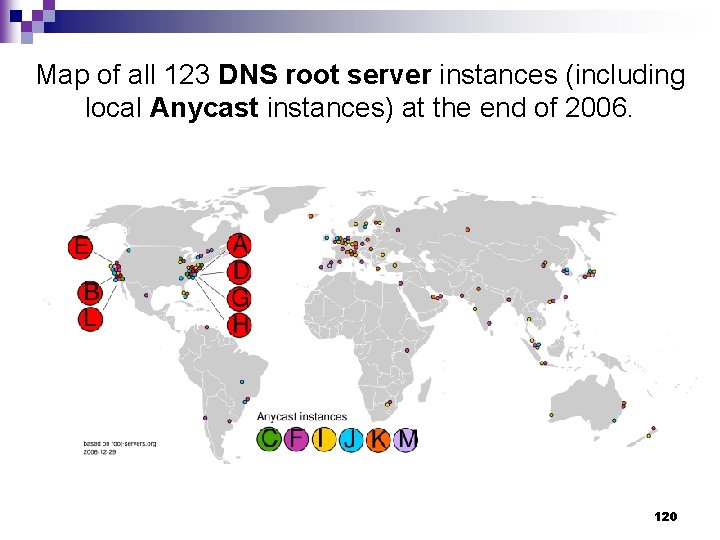 Map of all 123 DNS root server instances (including local Anycast instances) at the