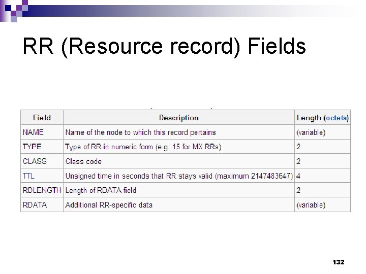 RR (Resource record) Fields 132 