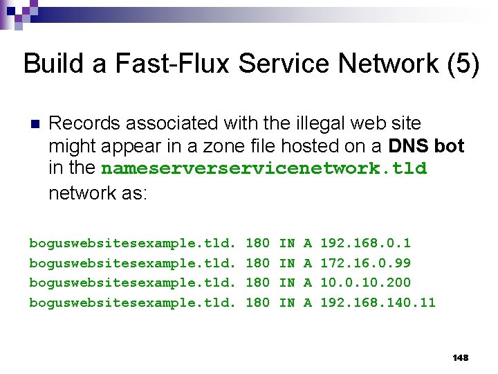 Build a Fast-Flux Service Network (5) n Records associated with the illegal web site