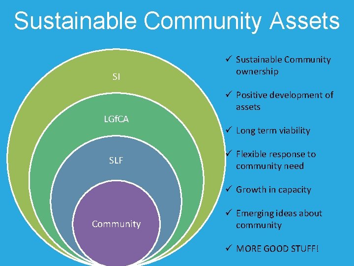 Sustainable Community Assets SI ü Sustainable Community ownership ü Positive development of assets LGf.