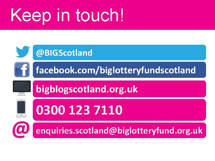 Keep in touch! @BIGScotland facebook. com/biglotteryfundscotland bigblogscotland. org. uk 0300 123 7110 @ enquiries.