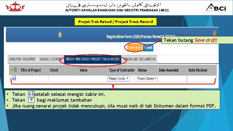 AUTORITI KAWALAN BANGUNAN DAN INDUSTRI PEMBINAAN (ABCi) Projek Trek Rekod / Project Track Record