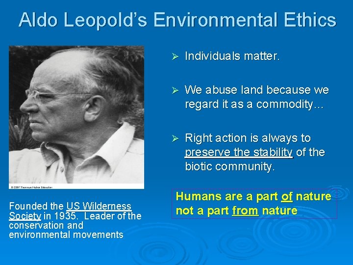 Aldo Leopold’s Environmental Ethics Founded the US Wilderness Society in 1935. Leader of the