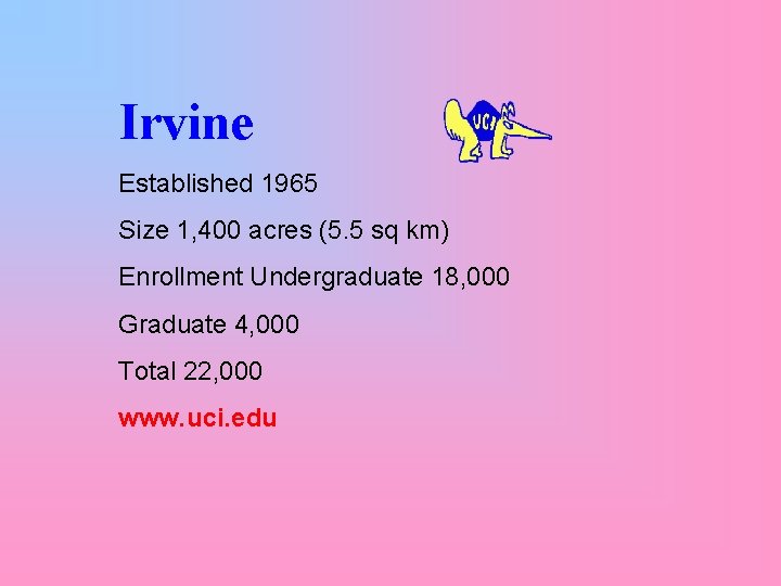 Irvine Established 1965 Size 1, 400 acres (5. 5 sq km) Enrollment Undergraduate 18,