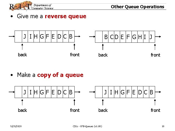 Other Queue Operations • Give me a reverse queue J IHGF E DC B