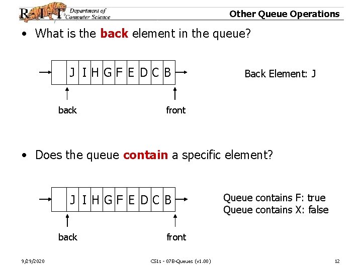 Other Queue Operations • What is the back element in the queue? J IHGF