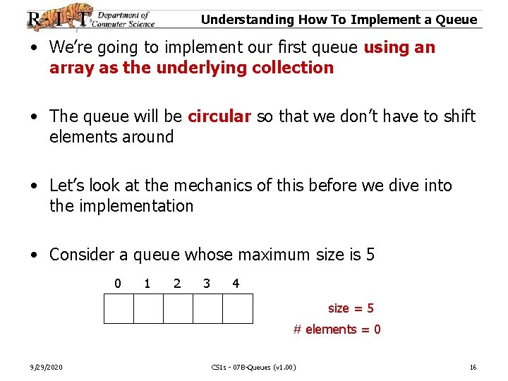 Understanding How To Implement a Queue • We’re going to implement our first queue