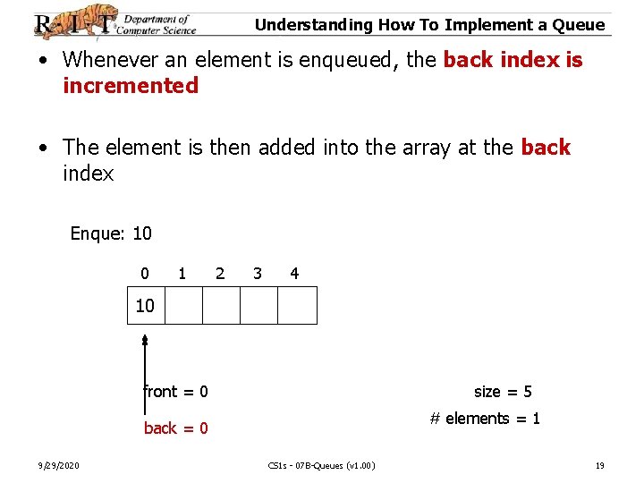 Understanding How To Implement a Queue • Whenever an element is enqueued, the back