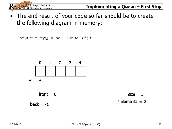 Implementing a Queue – First Step • The end result of your code so