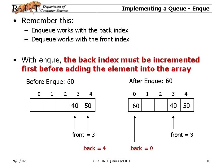 Implementing a Queue - Enque • Remember this: – Enqueue works with the back