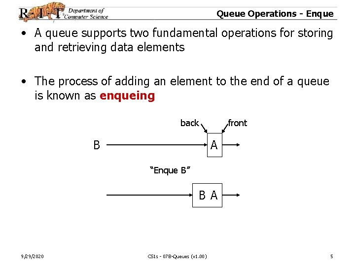 Queue Operations - Enque • A queue supports two fundamental operations for storing and