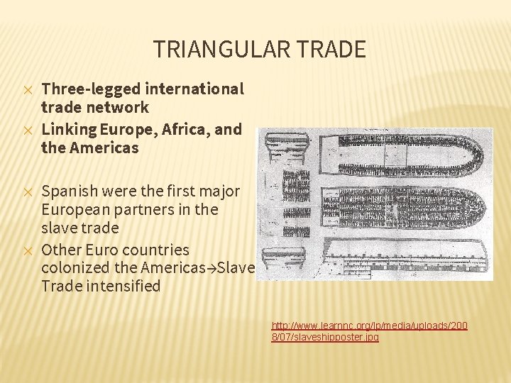 TRIANGULAR TRADE ✕ ✕ Three-legged international trade network Linking Europe, Africa, and the Americas