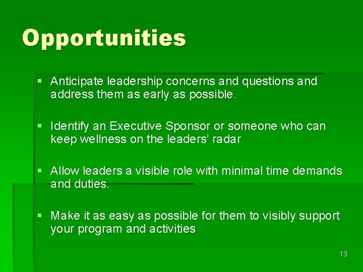 Opportunities § Anticipate leadership concerns and questions and address them as early as possible.