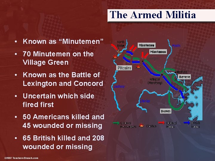 The Armed Militia • Known as “Minutemen” • 70 Minutemen on the Village Green