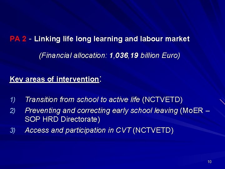 PA 2 - Linking life long learning and labour market (Financial allocation: 1, 036,