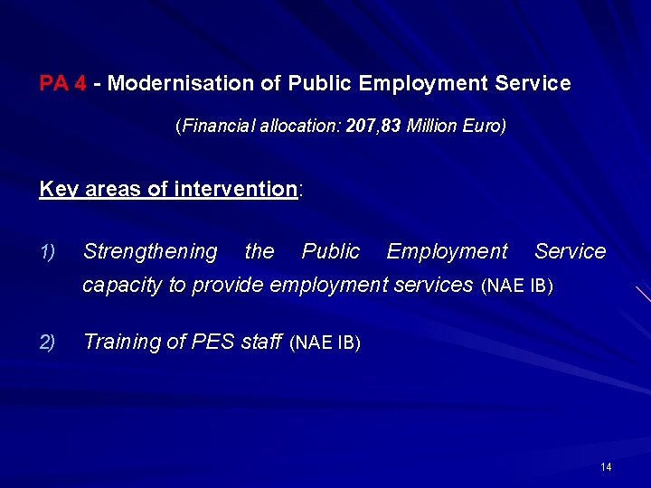 PA 4 - Modernisation of Public Employment Service (Financial allocation: 207, 83 Million Euro)