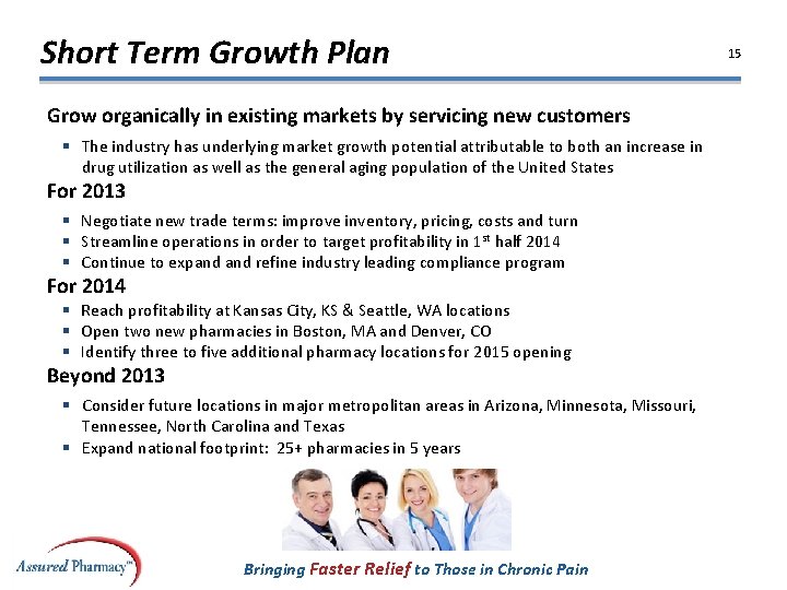 Short Term Growth Plan Grow organically in existing markets by servicing new customers §