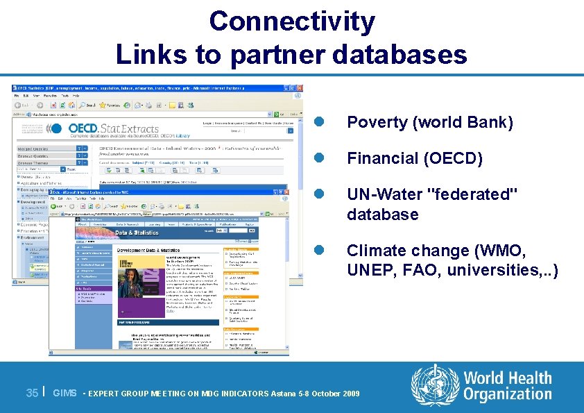 Connectivity Links to partner databases l Poverty (world Bank) l Financial (OECD) l UN-Water
