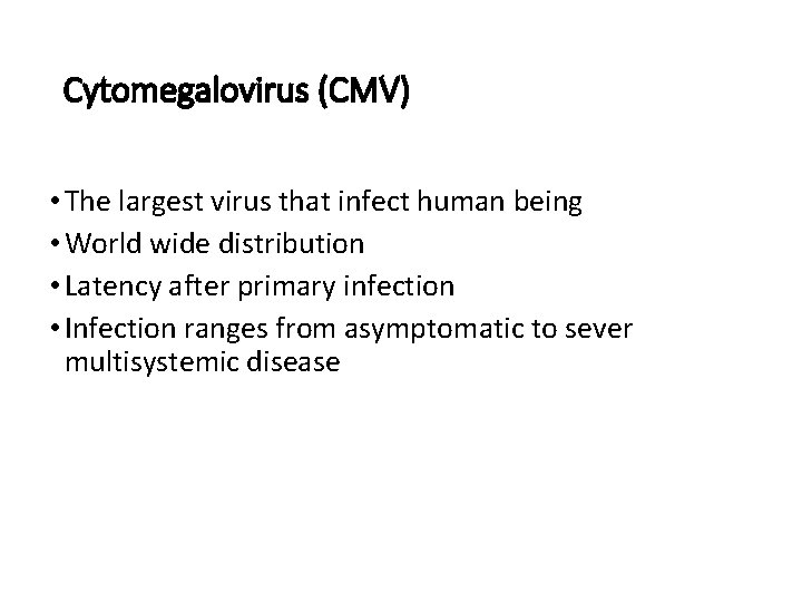 Cytomegalovirus (CMV) • The largest virus that infect human being • World wide distribution