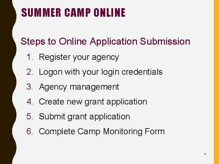 SUMMER CAMP ONLINE Steps to Online Application Submission 1. Register your agency 2. Logon