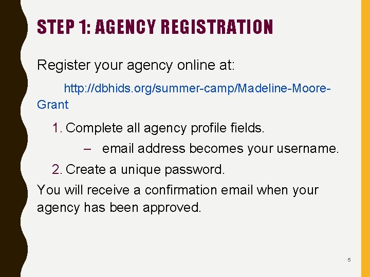 STEP 1: AGENCY REGISTRATION Register your agency online at: http: //dbhids. org/summer-camp/Madeline-Moore. Grant 1.