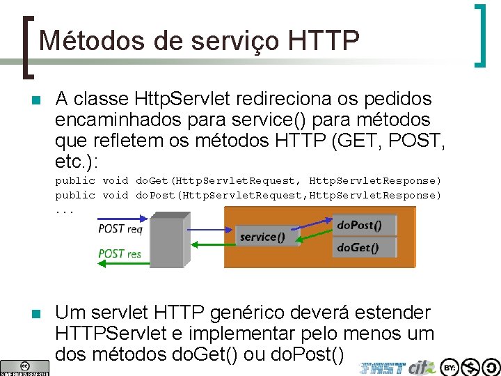 Métodos de serviço HTTP n A classe Http. Servlet redireciona os pedidos encaminhados para