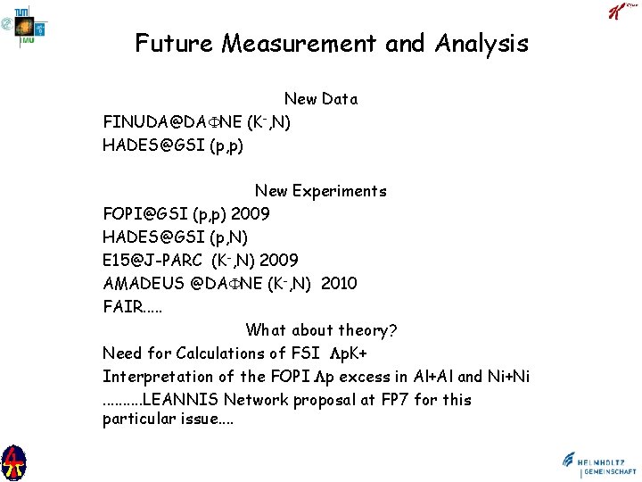 Future Measurement and Analysis New Data FINUDA@DA NE (K-, N) HADES@GSI (p, p) New