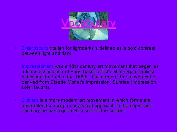 Vocabulary • Chiaroscuro (Italian for lightdark) is defined as a bold contrast between light Vocabulary • Chiaroscuro (Italian for lightdark) is defined as a bold contrast between light