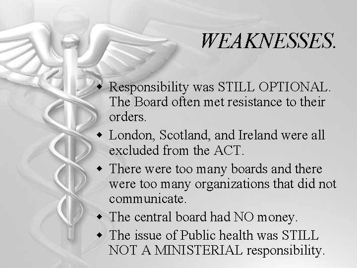 WEAKNESSES. w Responsibility was STILL OPTIONAL. The Board often met resistance to their orders.