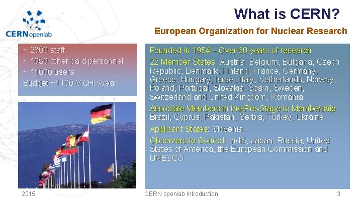 What is CERN? European Organization for Nuclear Research ~ 2300 staff ~ 1050 other