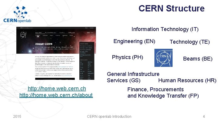 CERN Structure Information Technology (IT) Engineering (EN) Physics (PH) Technology (TE) Beams (BE) General