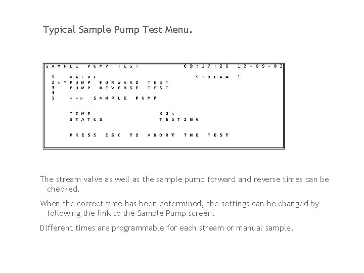 Typical Sample Pump Test Menu. The stream valve as well as the sample pump