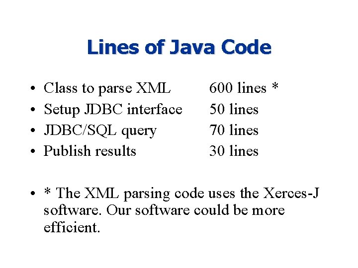 Lines of Java Code • • Class to parse XML Setup JDBC interface JDBC/SQL