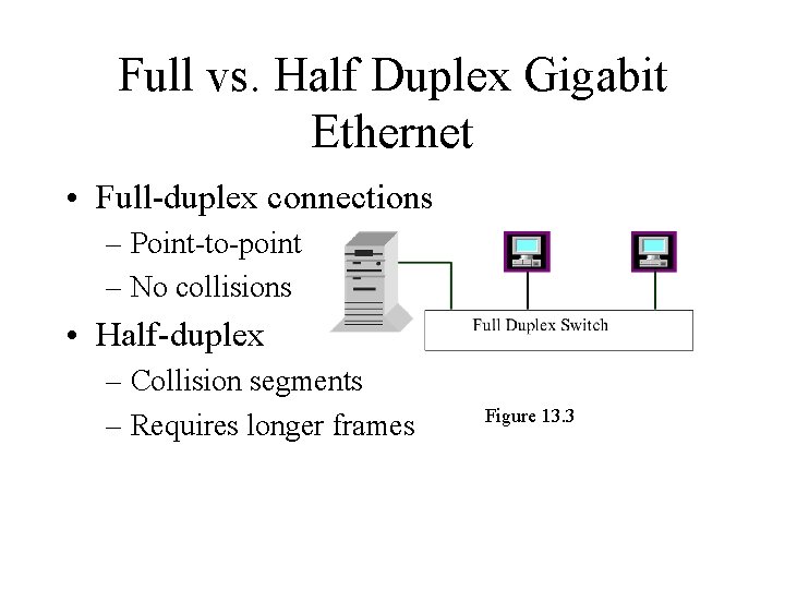 Full vs. Half Duplex Gigabit Ethernet • Full-duplex connections – Point-to-point – No collisions