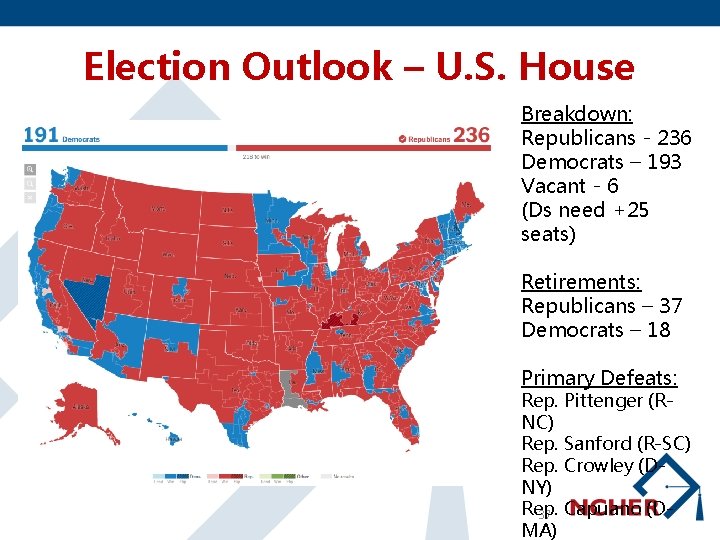Election Outlook – U. S. House Breakdown: Republicans - 236 Democrats – 193 Vacant
