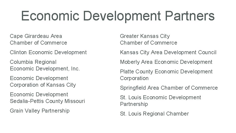 Economic Development Partners Cape Girardeau Area Chamber of Commerce Greater Kansas City Chamber of