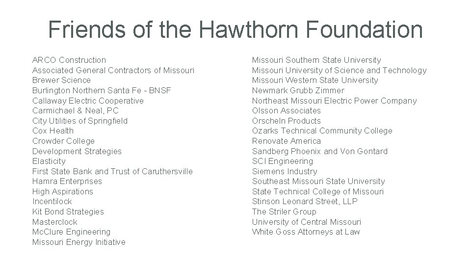 Friends of the Hawthorn Foundation ARCO Construction Associated General Contractors of Missouri Brewer Science