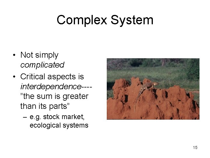 Complex System • Not simply complicated • Critical aspects is interdependence---”the sum is greater