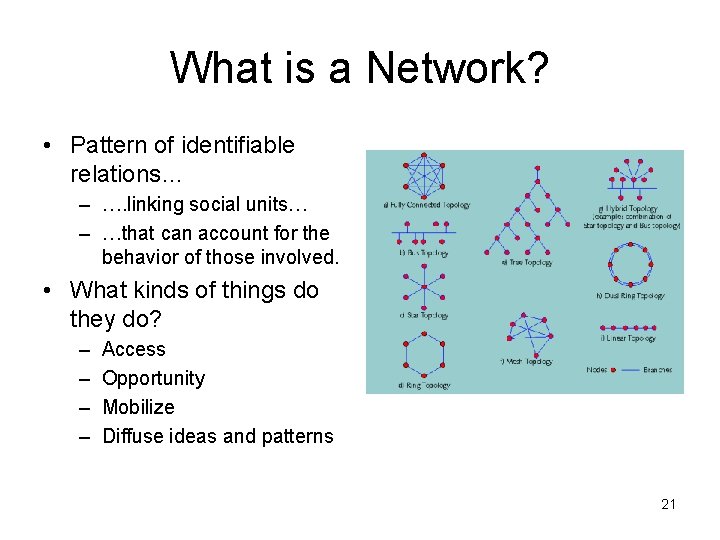 What is a Network? • Pattern of identifiable relations… – …. linking social units…