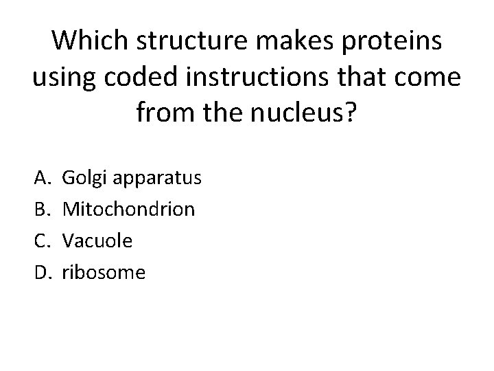 Which structure makes proteins using coded instructions that come from the nucleus? A. B.