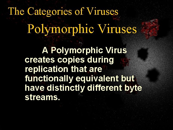 The Categories of Viruses Polymorphic Viruses A Polymorphic Virus creates copies during replication that