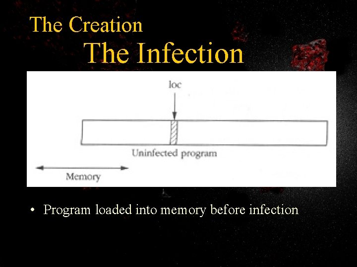 The Creation The Infection • Program loaded into memory before infection 
