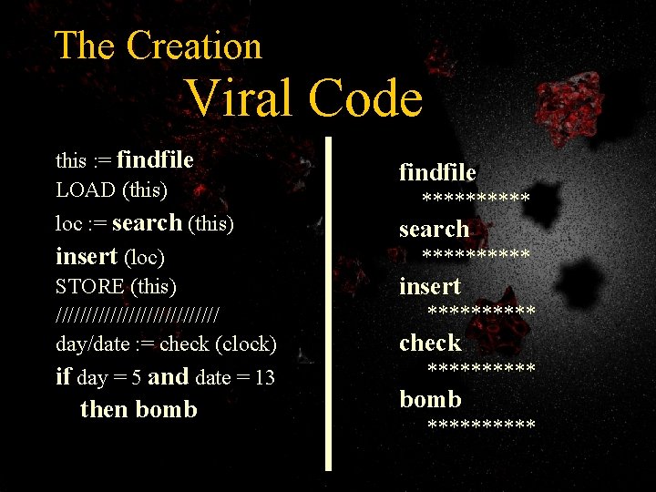 The Creation Viral Code this : = findfile LOAD (this) findfile loc : =