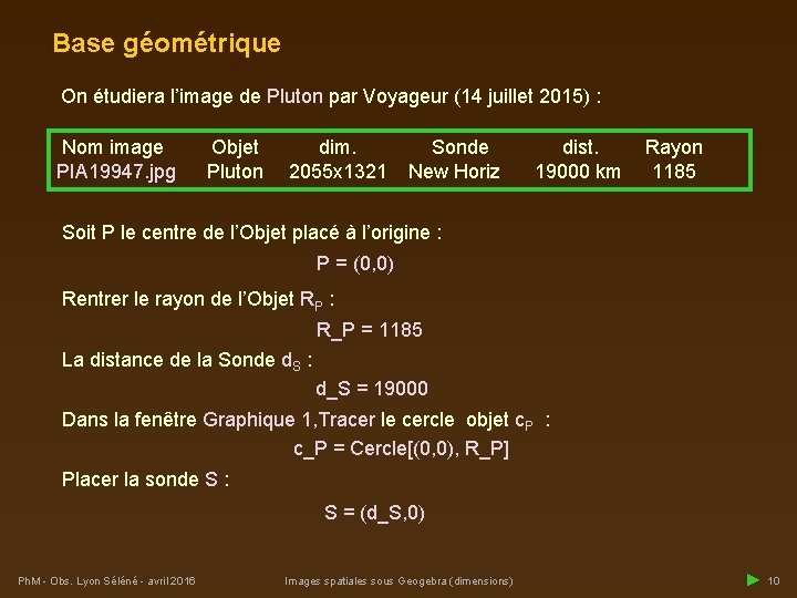 Base géométrique On étudiera l’image de Pluton par Voyageur (14 juillet 2015) : Nom