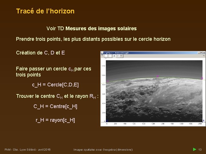 Tracé de l’horizon Voir TD Mesures des images solaires Prendre trois points, les plus