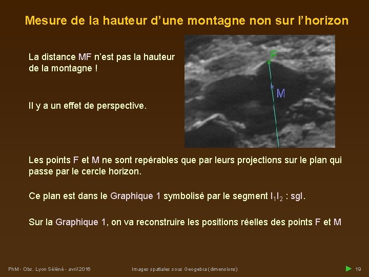 Mesure de la hauteur d’une montagne non sur l’horizon La distance MF n’est pas